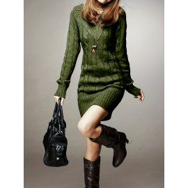 V Neck Cable Knitted Dress, Casual Long Sleeve Bodycon Dress For Fall & Winter, Women's Clothing V Neck Cable Knitted Dress, Casual Long Sleeve Bodycon Dress For Fall & Winter, Women's Clothing