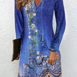 Color Block Notched Neck Dress, Vintage Long Sleeve Mini Dress, Women's Clothing Color Block Notched Neck Dress, Vintage Long Sleeve Mini Dress, Women's Clothing