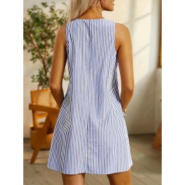 Striped Print Pocket Tank Dress, Versatile Button Front Crew Neck Sleeveless Dress For Spring & Summer, Women's Clothing Striped Print Pocket Tank Dress, Versatile Button Front Crew Neck Sleeveless Dress For Spring & Summer, Women's Clothing