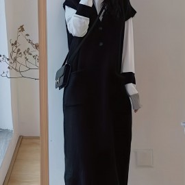 Button Decor Sleeveless Knit Dress, Casual V Neck Dual Pocket Vest Dress For Fall & Winter, Women's Clothing Button Decor Sleeveless Knit Dress, Casual V Neck Dual Pocket Vest Dress For Fall & Winter, Women's Clothing