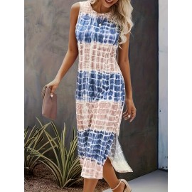 Color Block Tie Dye Dress, Casual Crew Neck Split Sleeveless Dress, Women's Clothing Color Block Tie Dye Dress, Casual Crew Neck Split Sleeveless Dress, Women's Clothing