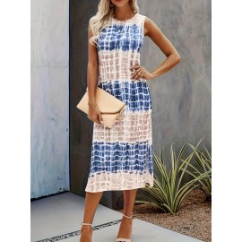 Color Block Tie Dye Dress, Casual Crew Neck Split Sleeveless Dress, Women's Clothing Color Block Tie Dye Dress, Casual Crew Neck Split Sleeveless Dress, Women's Clothing