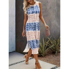 Color Block Tie Dye Dress, Casual Crew Neck Split Sleeveless Dress, Women's Clothing Color Block Tie Dye Dress, Casual Crew Neck Split Sleeveless Dress, Women's Clothing