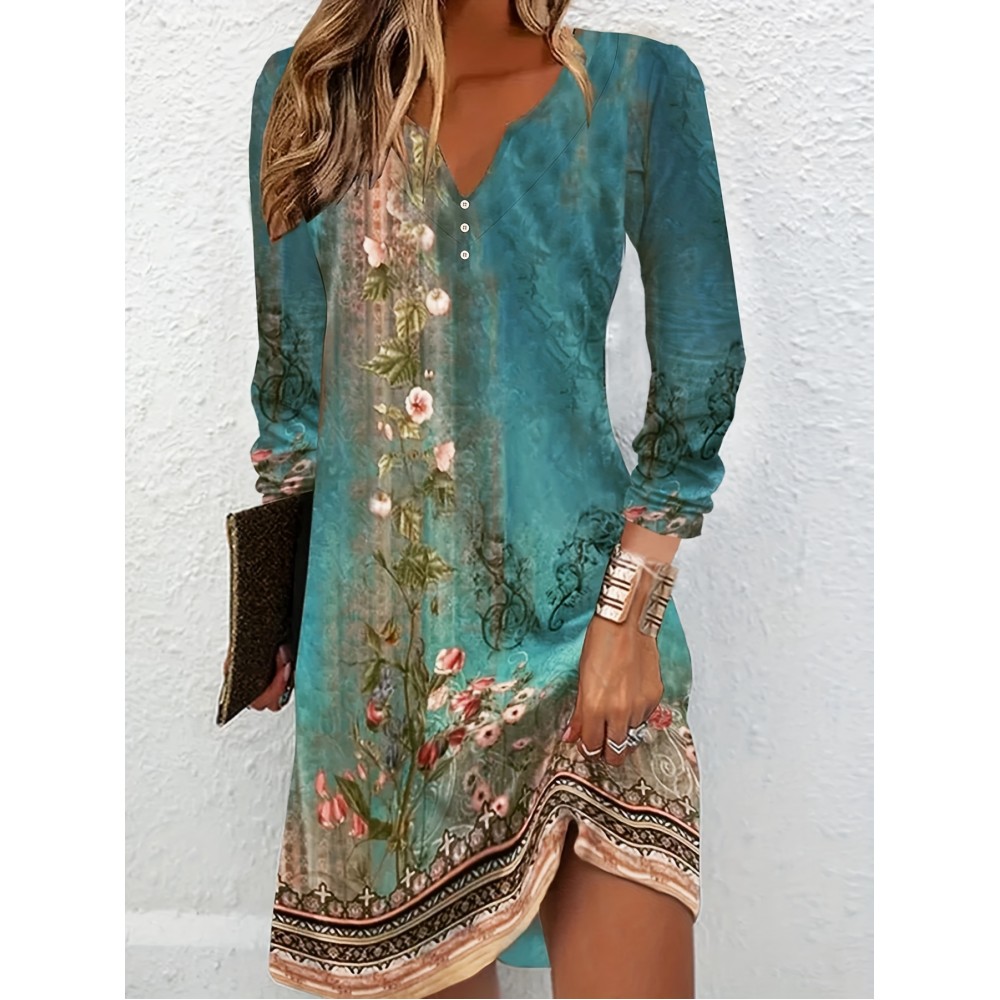 Floral Print Notched Neck Dress, Vintage Long Sleeve Mini Dress, Women's Clothing Floral Print Notched Neck Dress, Vintage Long Sleeve Mini Dress, Women's Clothing