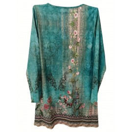 Floral Print Notched Neck Dress, Vintage Long Sleeve Mini Dress, Women's Clothing Floral Print Notched Neck Dress, Vintage Long Sleeve Mini Dress, Women's Clothing