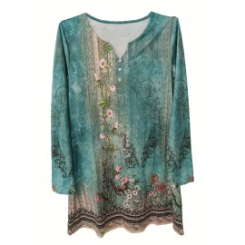 Floral Print Notched Neck Dress, Vintage Long Sleeve Mini Dress, Women's Clothing Floral Print Notched Neck Dress, Vintage Long Sleeve Mini Dress, Women's Clothing