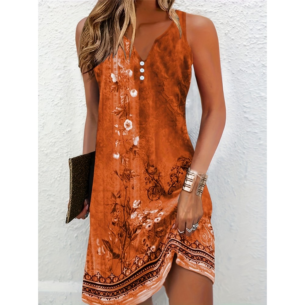 Floral Print Notched Neck Dress, Casual Sleeveless Button Decor Dress, Women's Clothing Floral Print Notched Neck Dress, Casual Sleeveless Button Decor Dress, Women's Clothing