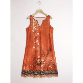 Floral Print Notched Neck Dress, Casual Sleeveless Button Decor Dress, Women's Clothing Floral Print Notched Neck Dress, Casual Sleeveless Button Decor Dress, Women's Clothing